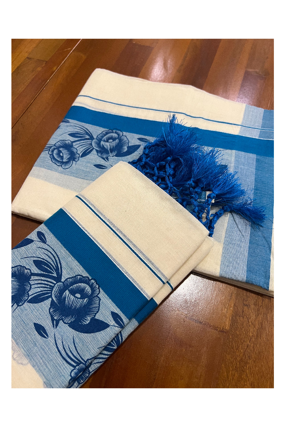 Kerala Cotton Set Mundu (Mundum Neriyathum) with Blue Floral Block Prints and Tassels Border