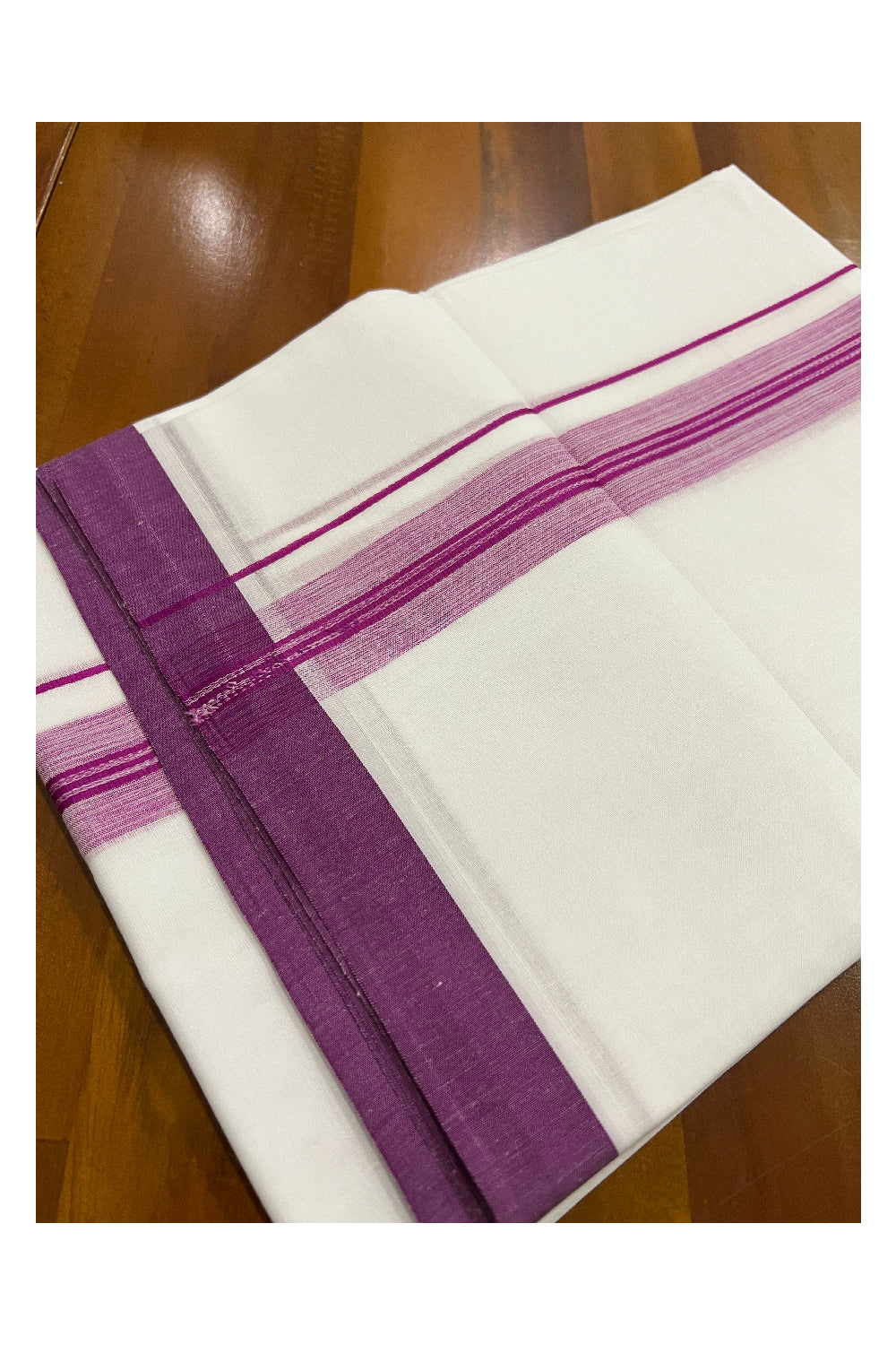 Pure White Kerala Cotton Double Mundu with Magenta Border (South Indian Dhoti)