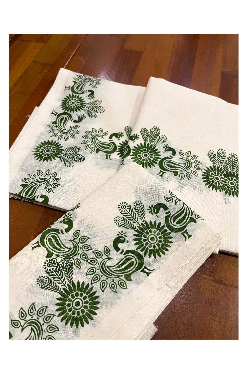 Kerala Cotton Set Mundu (Mundum Neriyathum) with Green Peacock Block Prints on Border 2.80 Mtrs