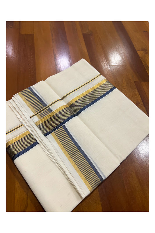 Southloom Premium Handloom Pure Cotton Mundu with Golden and Navy Blue Kasavu Border (South Indian Dhoti)