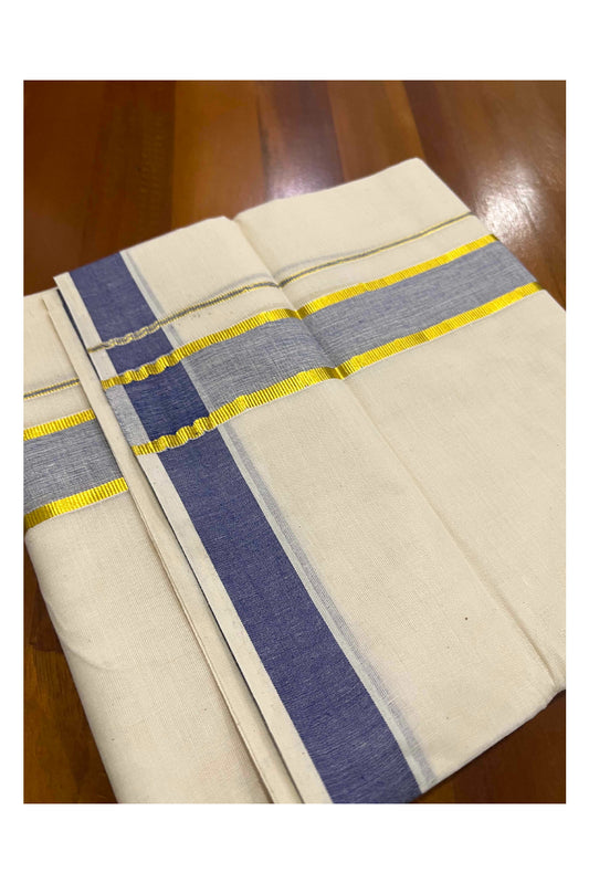 Off White Kerala Double Mundu with Kasavu and Blue Border (South Indian Dhoti)