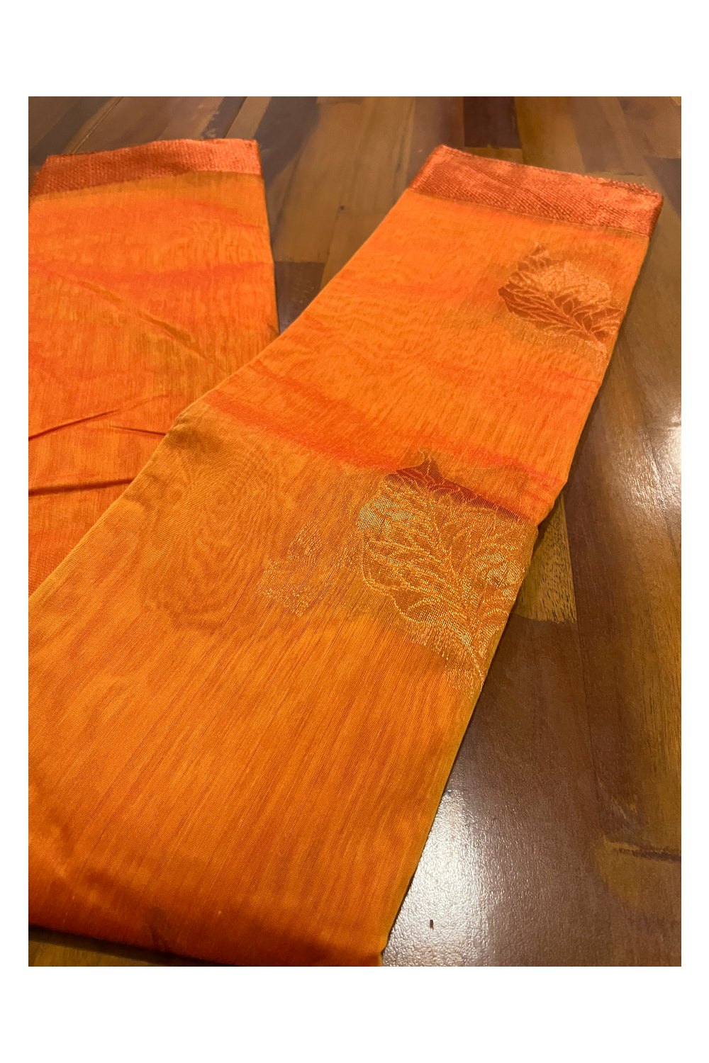 Southloom Cotton Silk Orange Designer Saree with Copper Zari Motifs