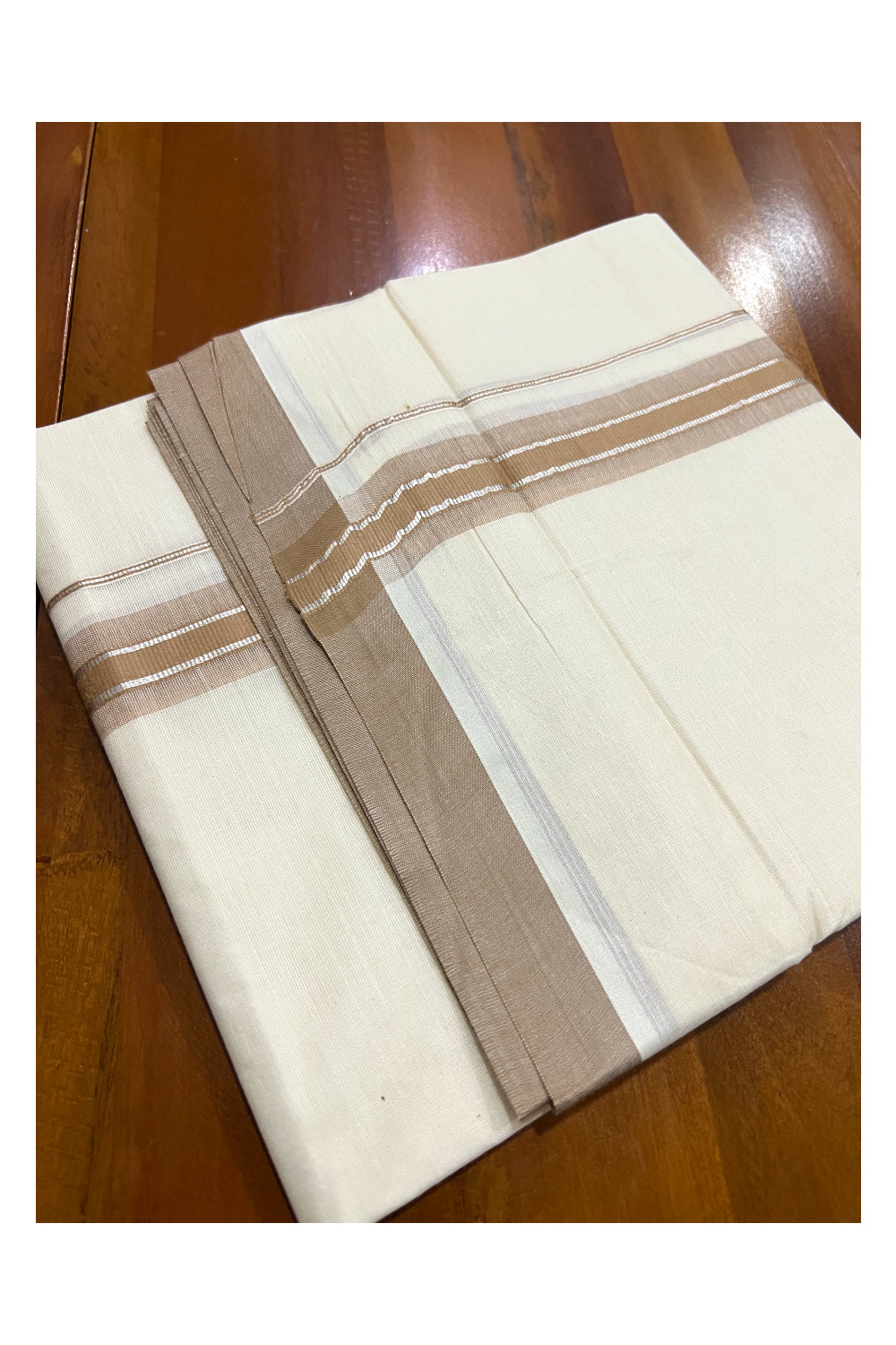 Off White Kerala Double Mundu with Silver Kasavu and Light Brown Border (South Indian Dhoti)