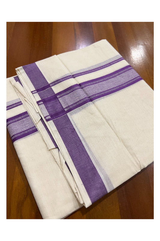 Off White Kerala Double Mundu with Violet Kara (South Indian Dhoti)