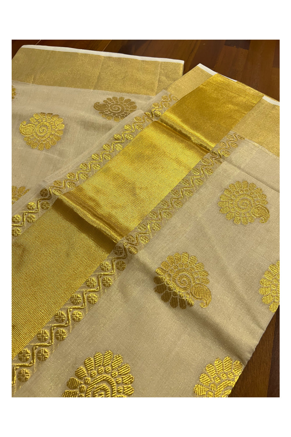 Southloom™ Original Handloom Kasavu Tissue Handwoven Peacock Heavy Work Saree