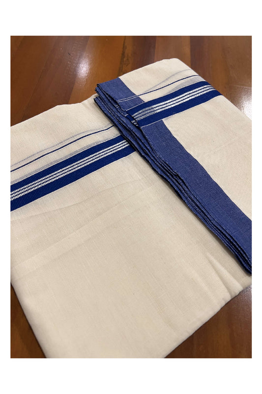 Off White Pure Cotton Double Mundu with SIlver Kasavu and Dark Blue Kara (South Indian Dhoti)