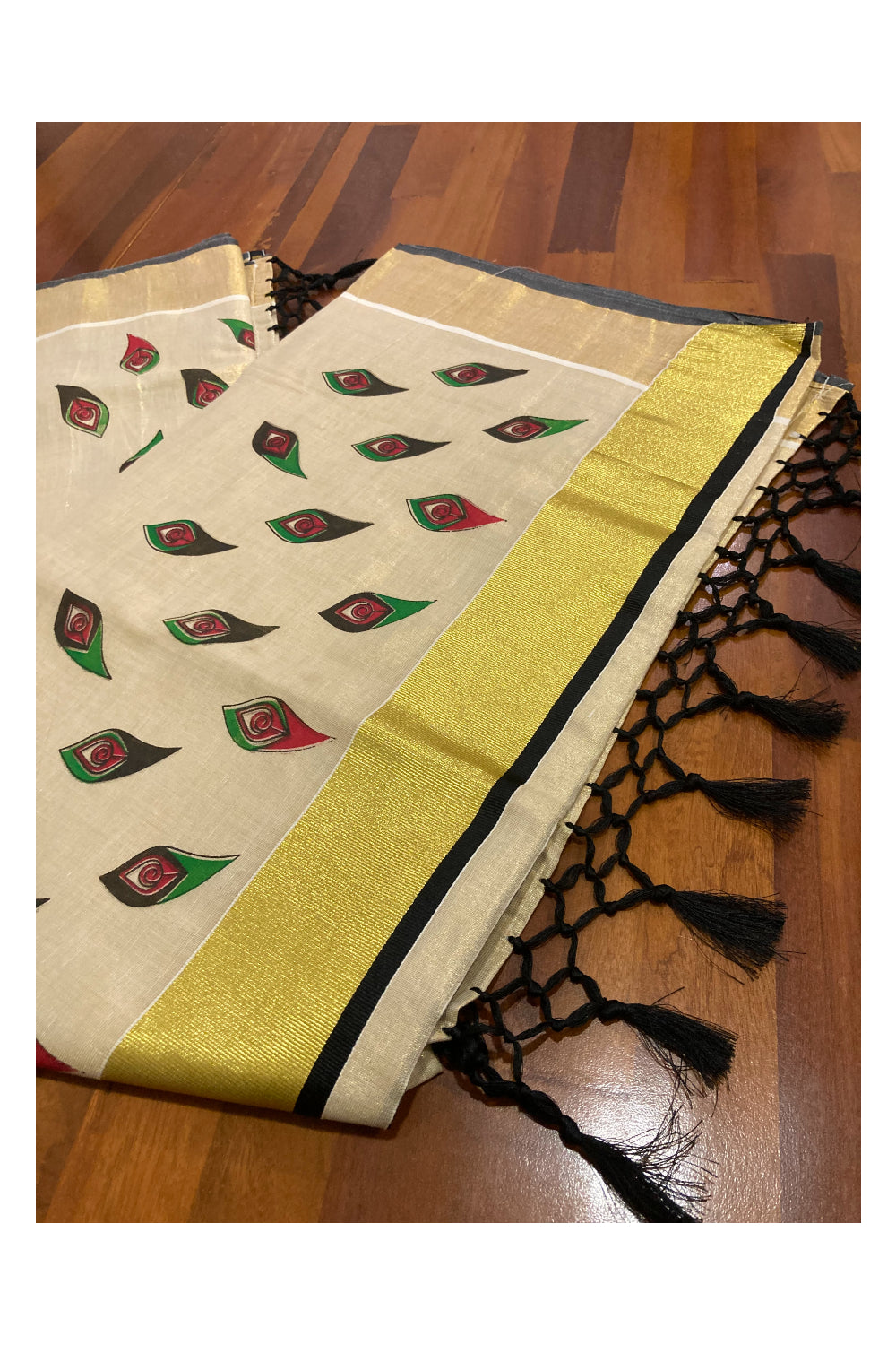 Kerala Tissue Kasavu Saree with Green Black Red Block Prints and Tassels Work