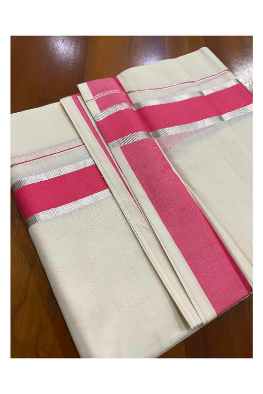 Off White Kerala Double Mundu with Silver Kasavu and Pink Border (South Indian Dhoti)