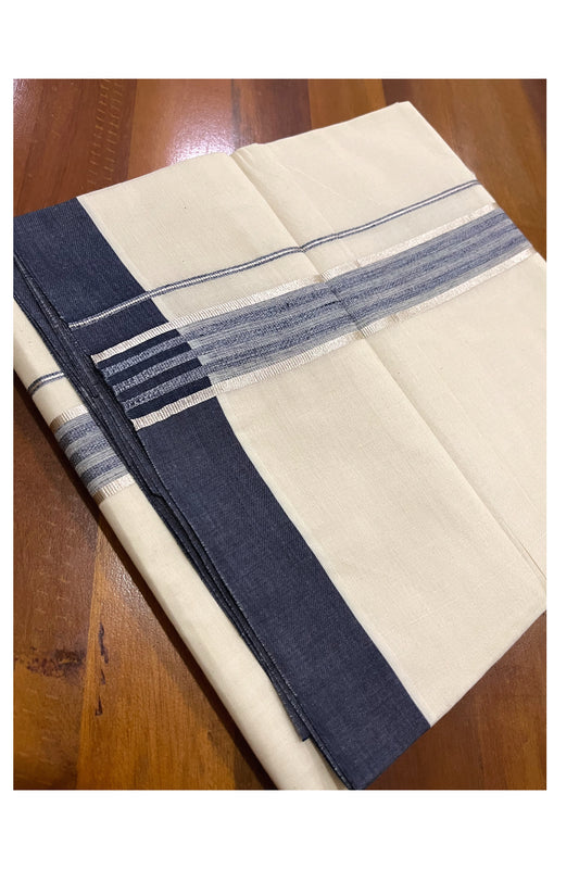 Pure Cotton Off White Double Mundu with Silver Kasavu and Blue Border (South Indian Dhoti)