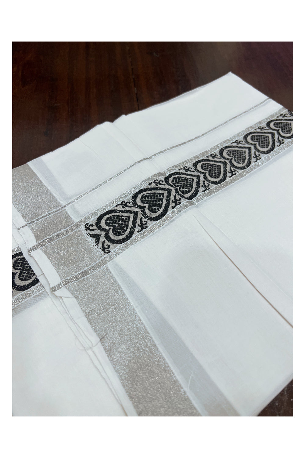 Pure White Cotton Double Mundu with Silver Kasavu and Black Woven Design Border (South Indian Dhoti)