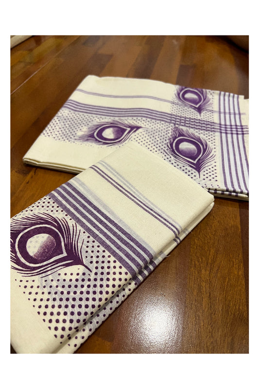 Southloom Mulloth Soft Cotton Set Mundu with Violet Kara and Block Print