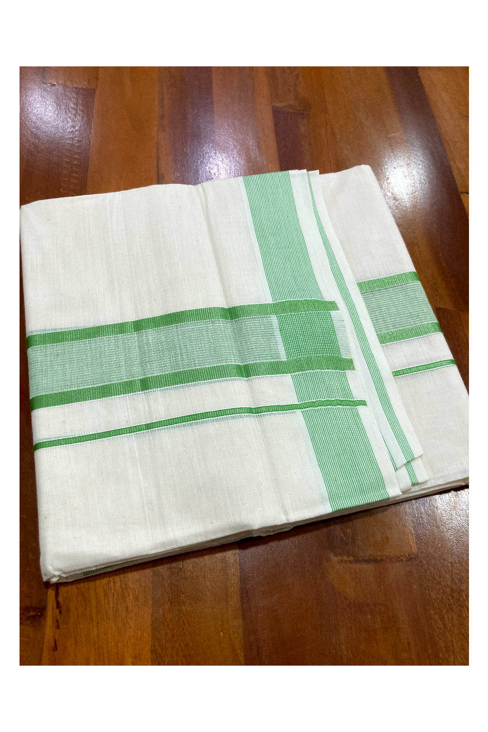 Pure Cotton Off White Double Mundu with Light Green and Silver Kasavu Border (South Indian Dhoti)