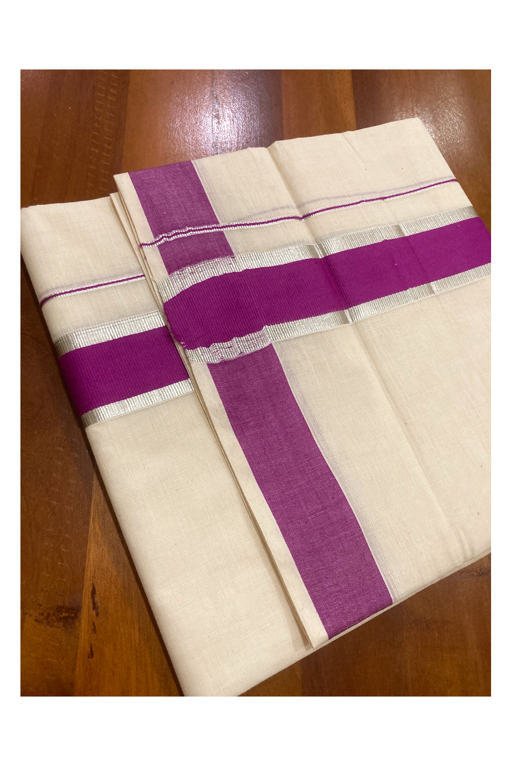 Pure Cotton Double Mundu with Magenta and Silver Kasavu Border (South Indian Kerala Dhoti)