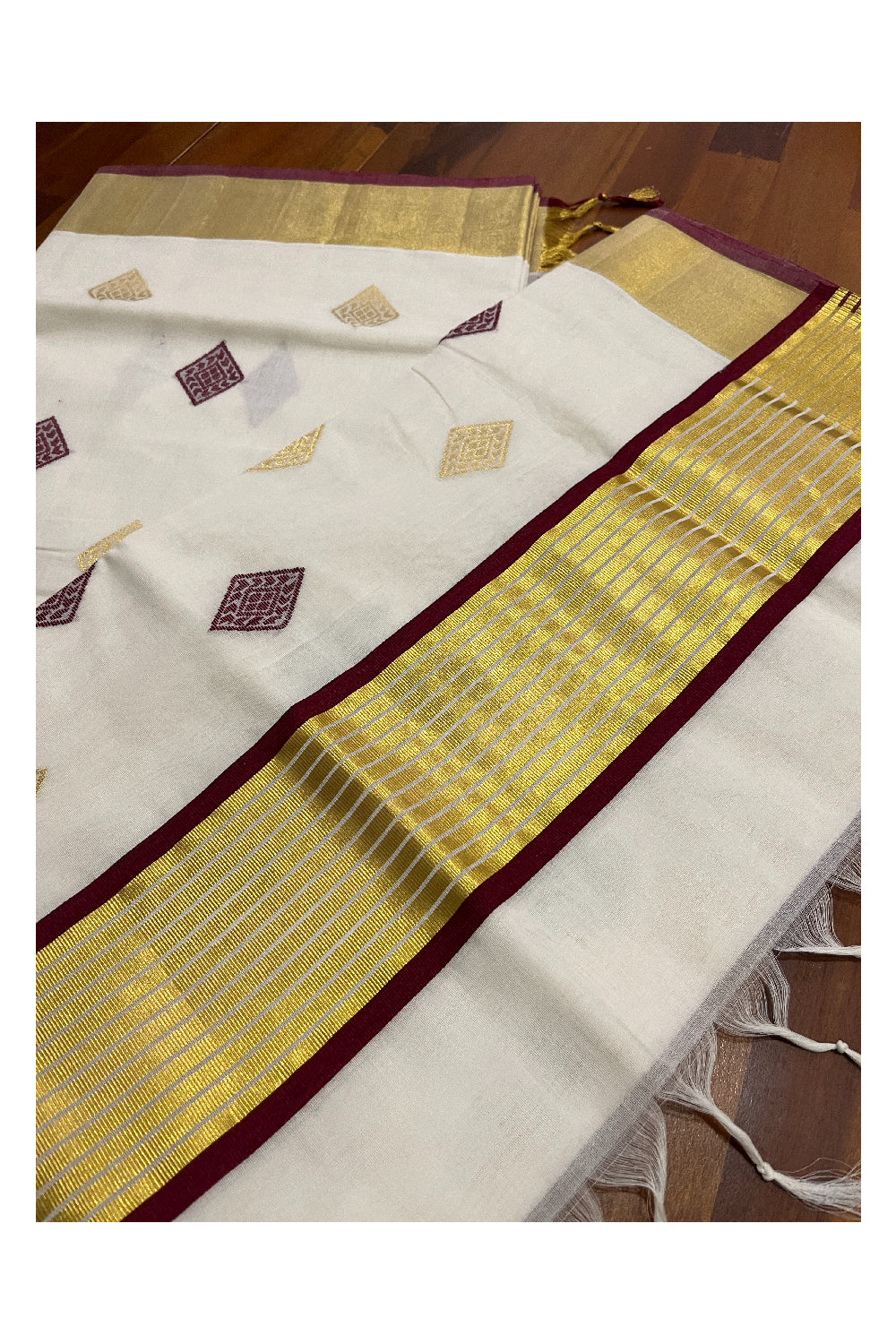 Southloom™ Premium Handloom Cotton Kerala Saree with Golden and Maroon Woven works on Body