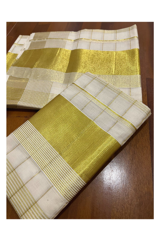 Pure Cotton Set Mundu (Mundum Neriyathum) with Kasavu Woven Check Design on Body 2.80 Mtrs
