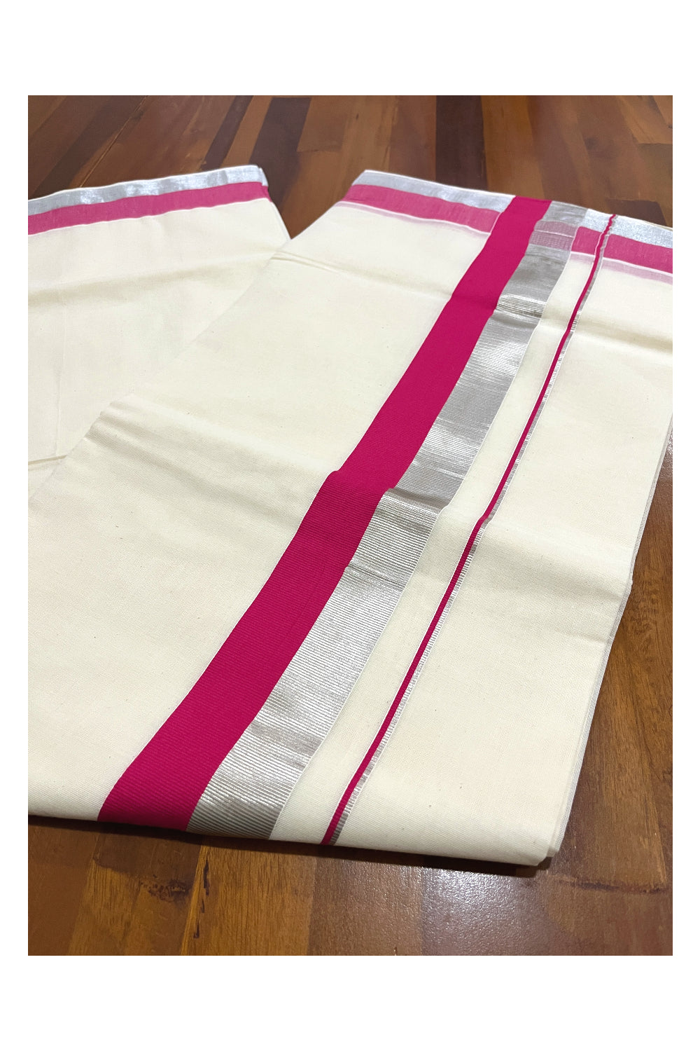 Kerala Pure Cotton Plain Saree with Silver Kasavu and Rose Border