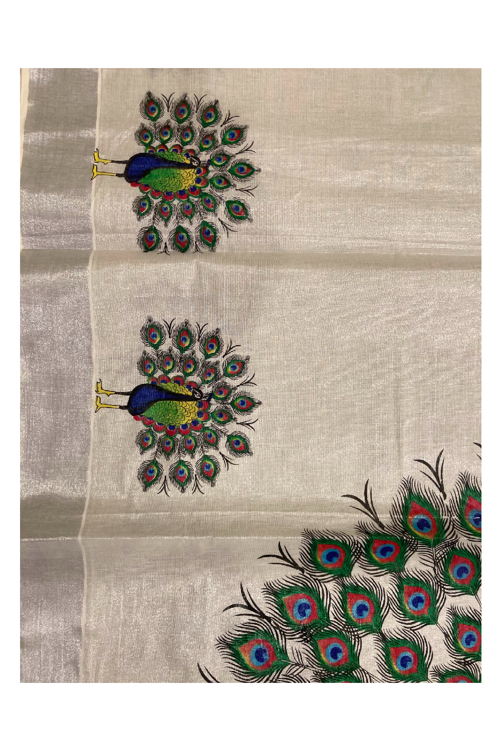 Southloom Silver Tissue Saree With Mural Peacock Print