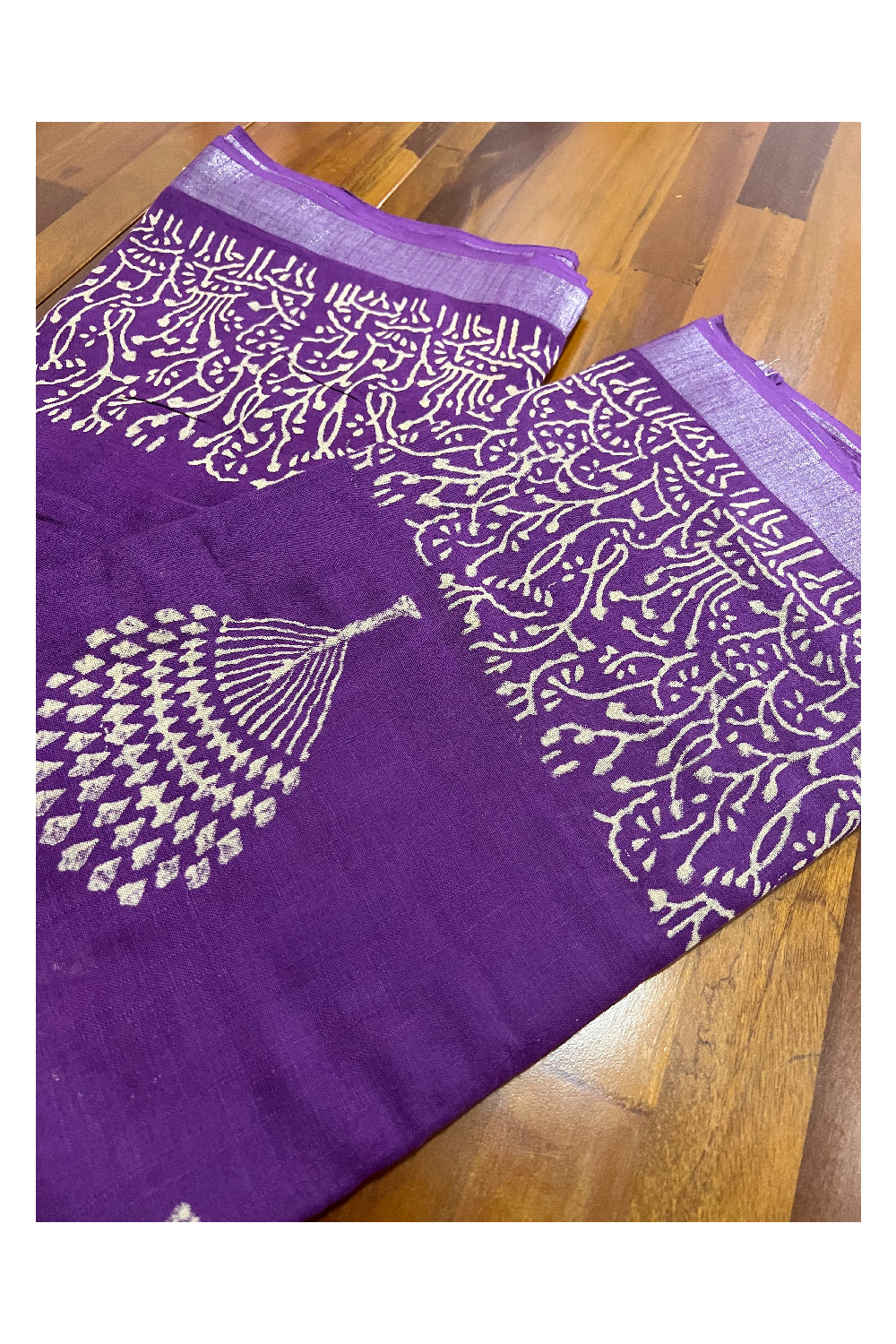 Southloom Linen Violet Designer Saree with White Prints and Tassels on Pallu