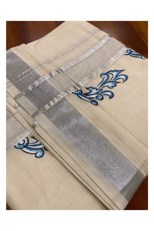 Pure Cotton Silver Kasavu Mundu with Mural Hand Painted Design (South Indian Dhoti)