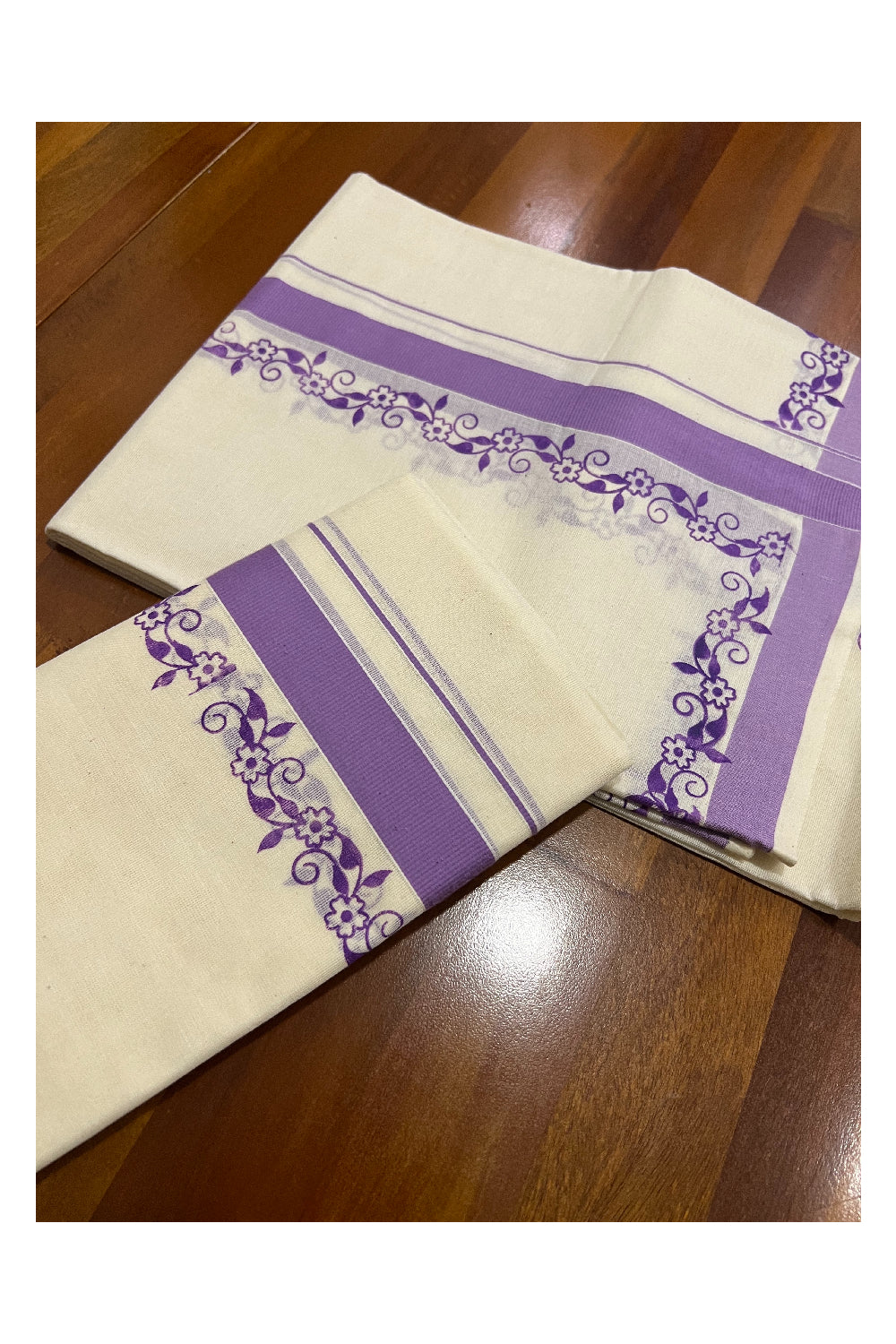 Pure Cotton Set Mundu (Mundum Neriyathum) with Violet Floral Block Prints on Border