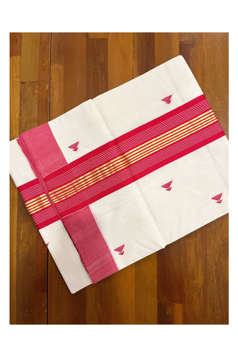 Southloom Balaramapuram Unakkupaavu Handloom Saree with Kasavu Red Pallu and Butta Works on Body