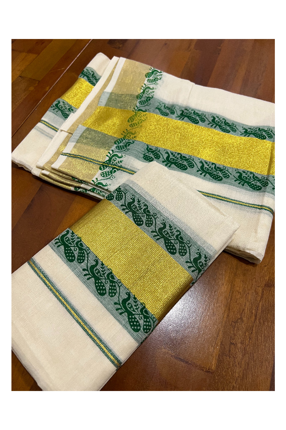 Pure Cotton Kasavu Set Mundu (Mundum Neriyathum) with Green Peacock Block Prints on Border