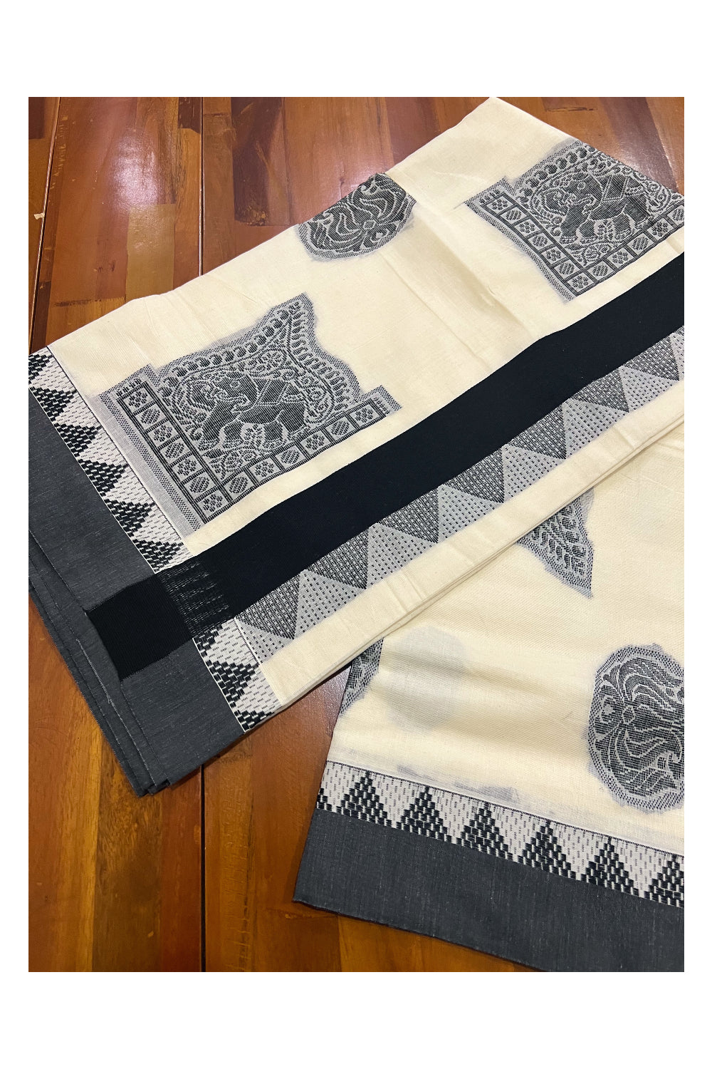 Kerala Saree with Black Elephant Embroidery Design and Temple Border