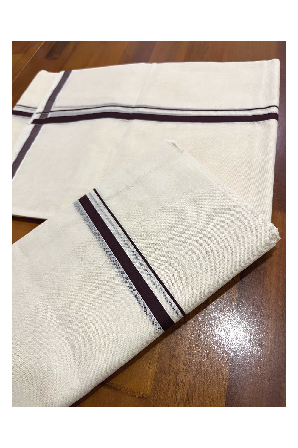 Southloom™ Premium Handloom Mundum Neriyathum (Set Mundu) with 0.5 inch Brown Border