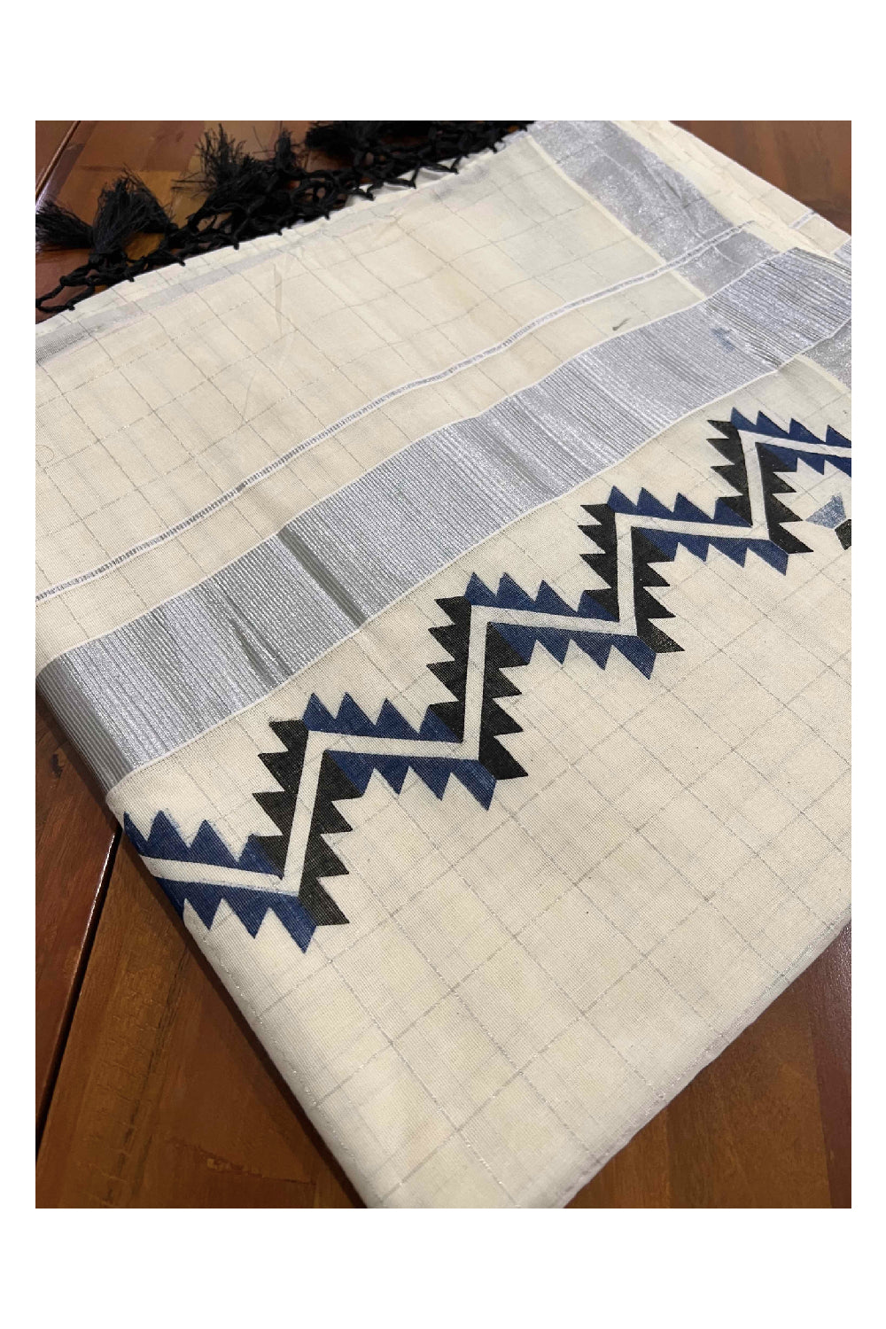 Kerala Silver Kasavu Woven Check Saree with Blue and Black Block Printed Border