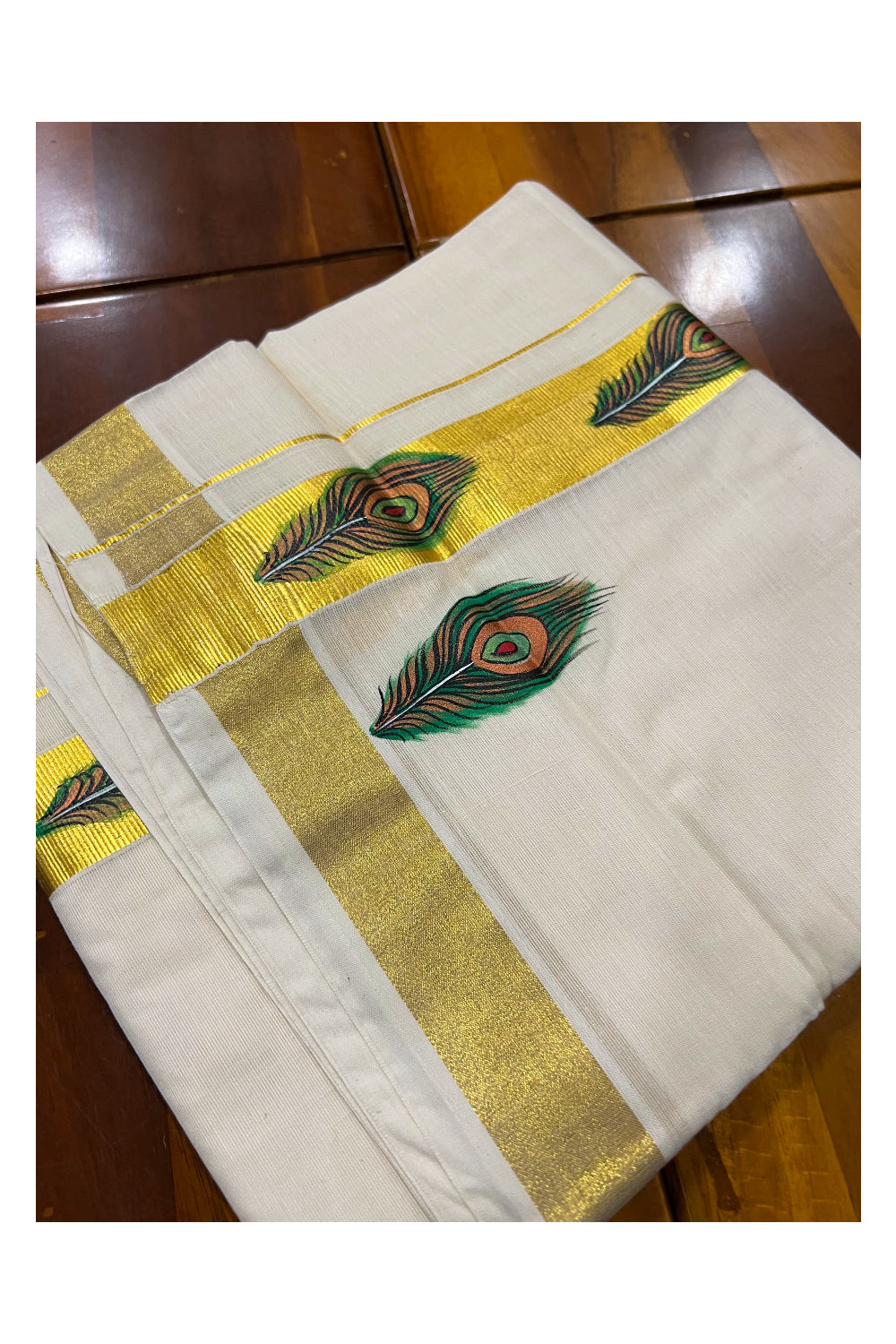 Pure Cotton Kasavu Mundu with Mural Hand Painted Peacock Feather Design (South Indian Dhoti)