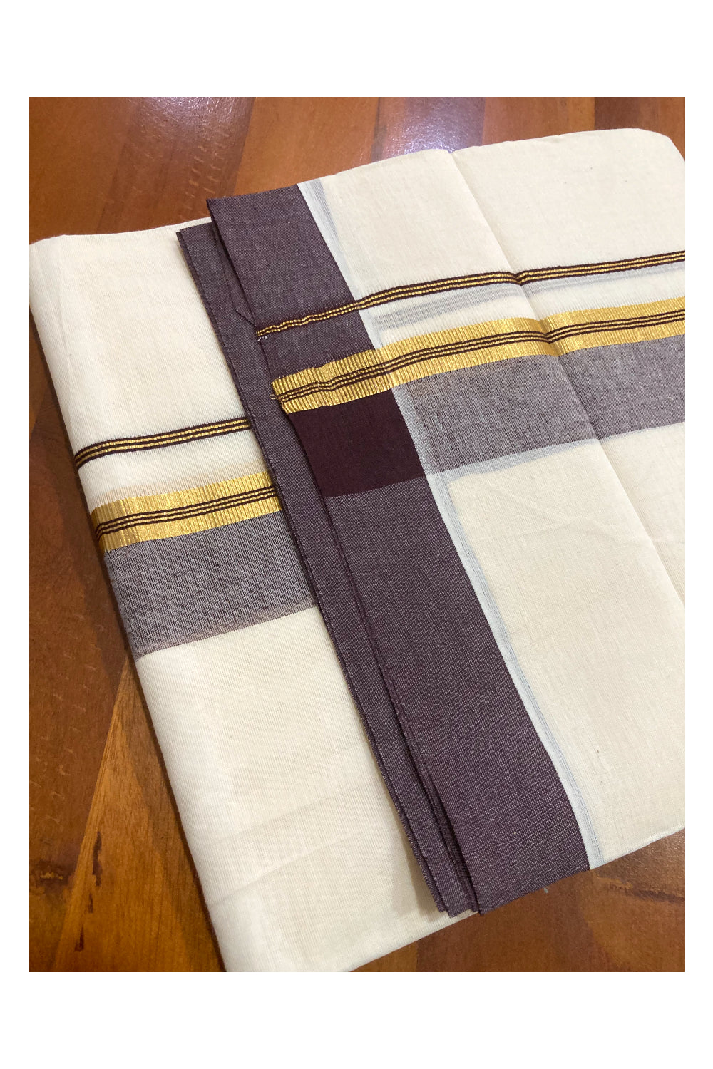 Pure Cotton Double Mundu with Brown and Kasavu Border (South Indian Dhoti)