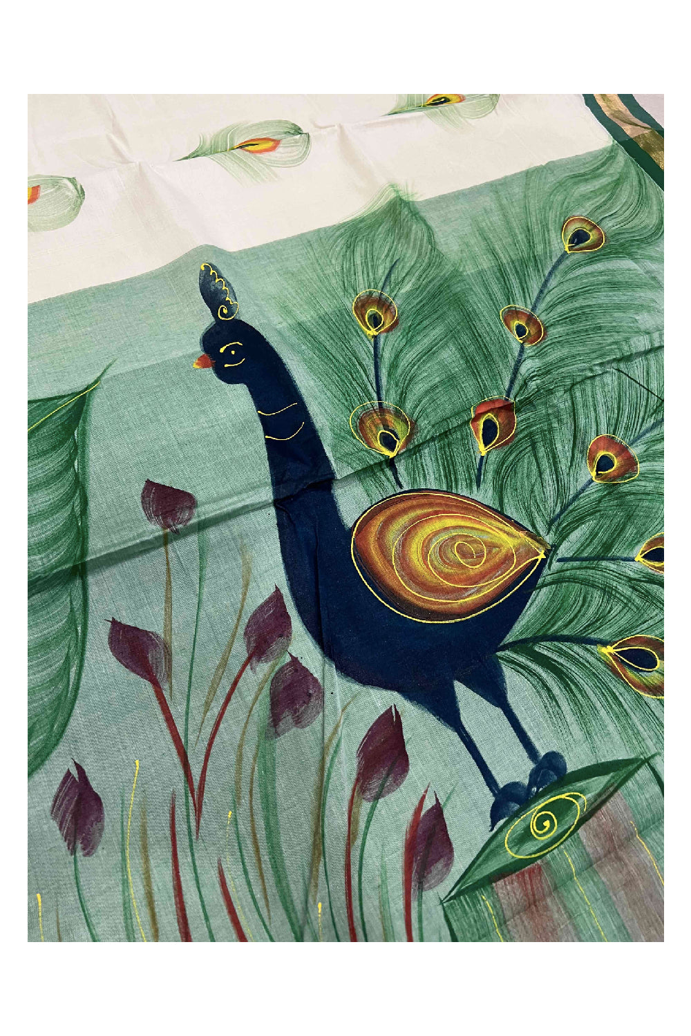 Southloom Green Handpainted Mural Kerala Kasavu Saree with Peacock Art