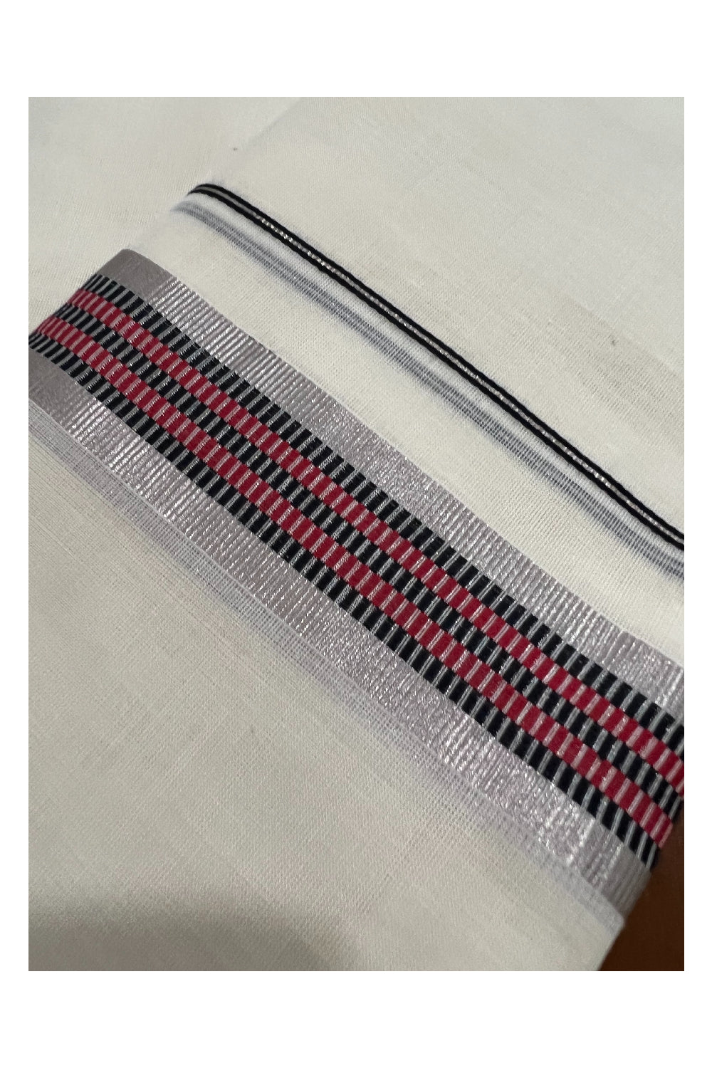 Southloom Premium Handloom Set Mundu with Silver Kasavu and Red Black Woven Design Border