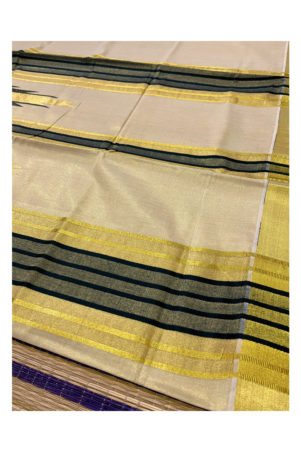 Kerala Tissue Kasavu Saree with Large Green Temples on Pallu and Bottom Border