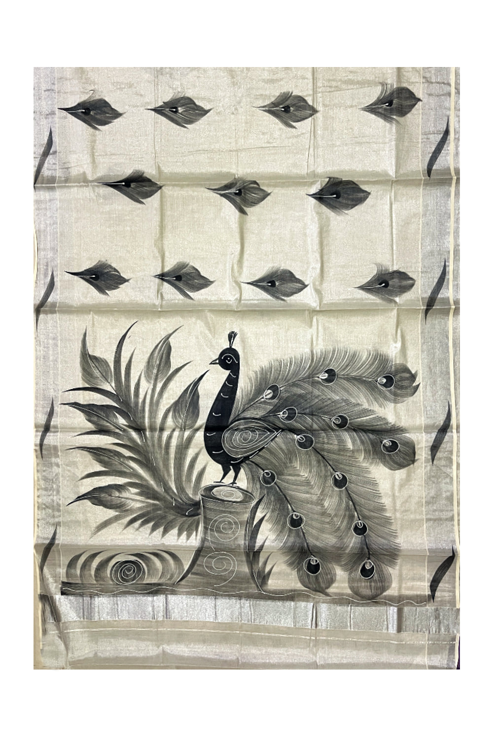 Kerala Silver Tissue Kasavu Saree with Black Hand Painted Peacock Design