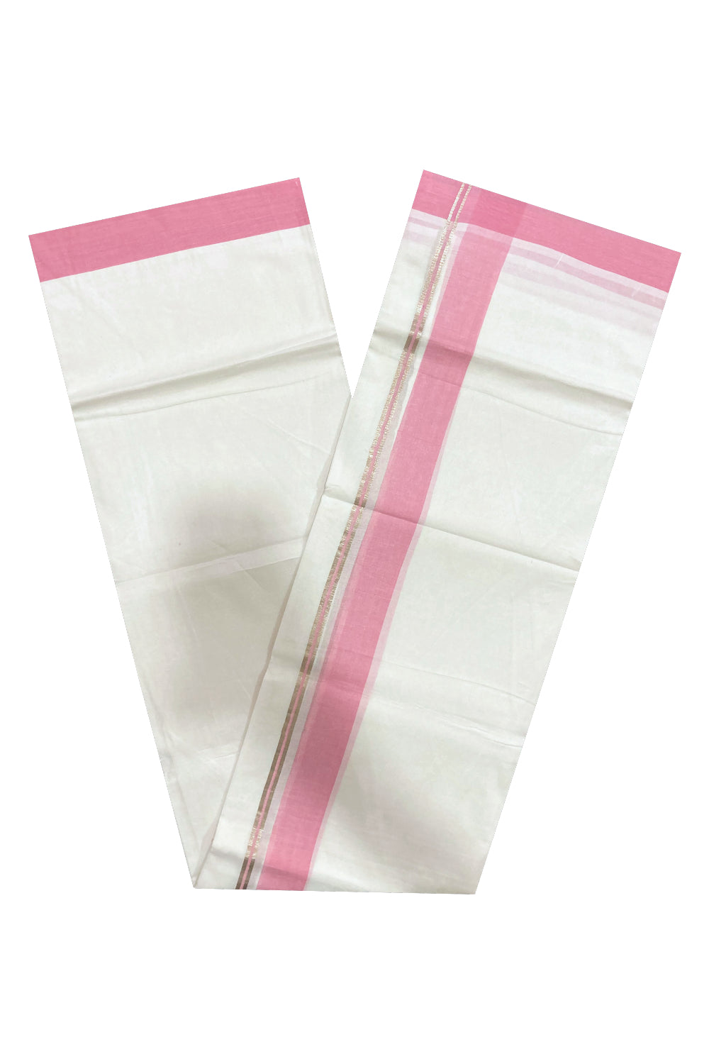 Pure White Kerala Cotton Double Mundu with Silver Kasavu and Pink Border (South Indian Dhoti)