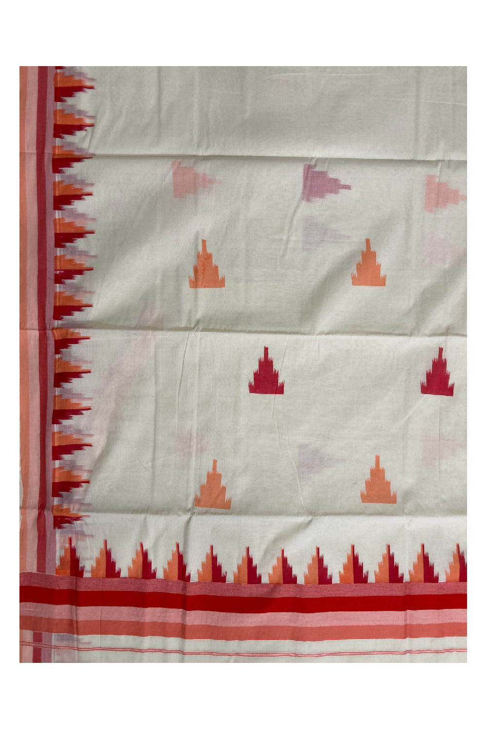 Kerala Cotton Saree with Orange Lines Design Border and Block Prints