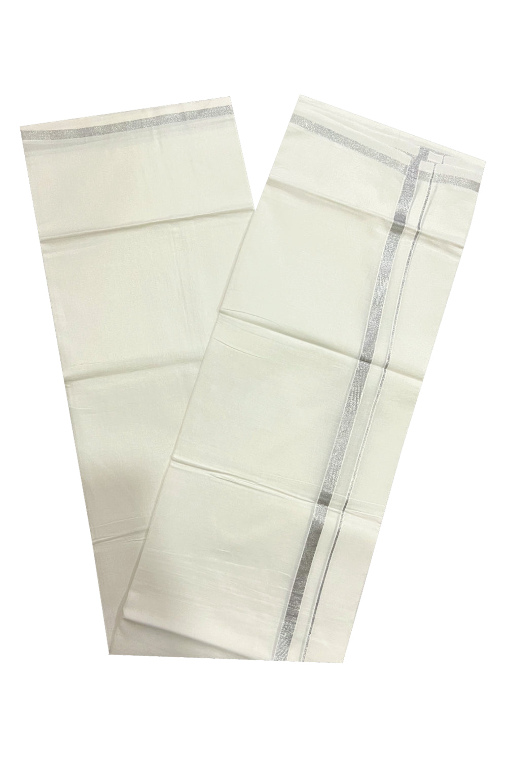 Pure White Cotton Double Mundu with 0.5 inch Silver Kasavu Border (South Indian Kerala Dhoti)