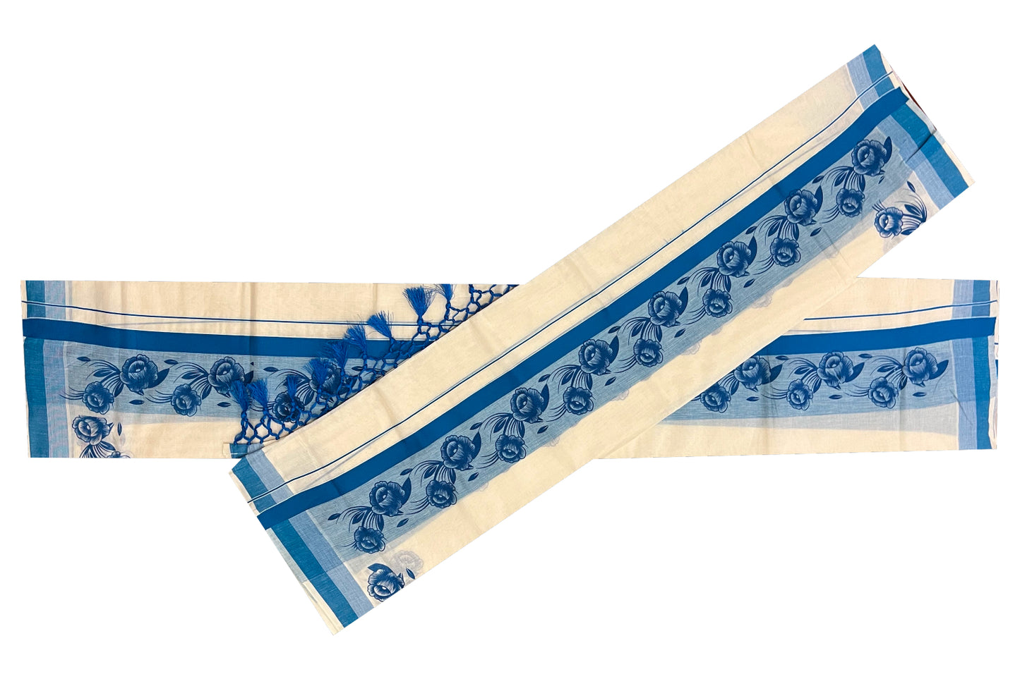 Kerala Cotton Set Mundu (Mundum Neriyathum) with Blue Floral Block Prints and Tassels Border