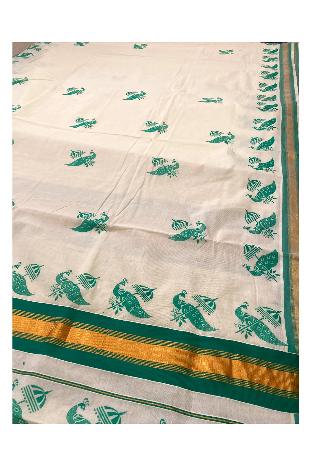 Pure Cotton Kerala Saree with Green Peacock Block Printed Design and Kasavu Border