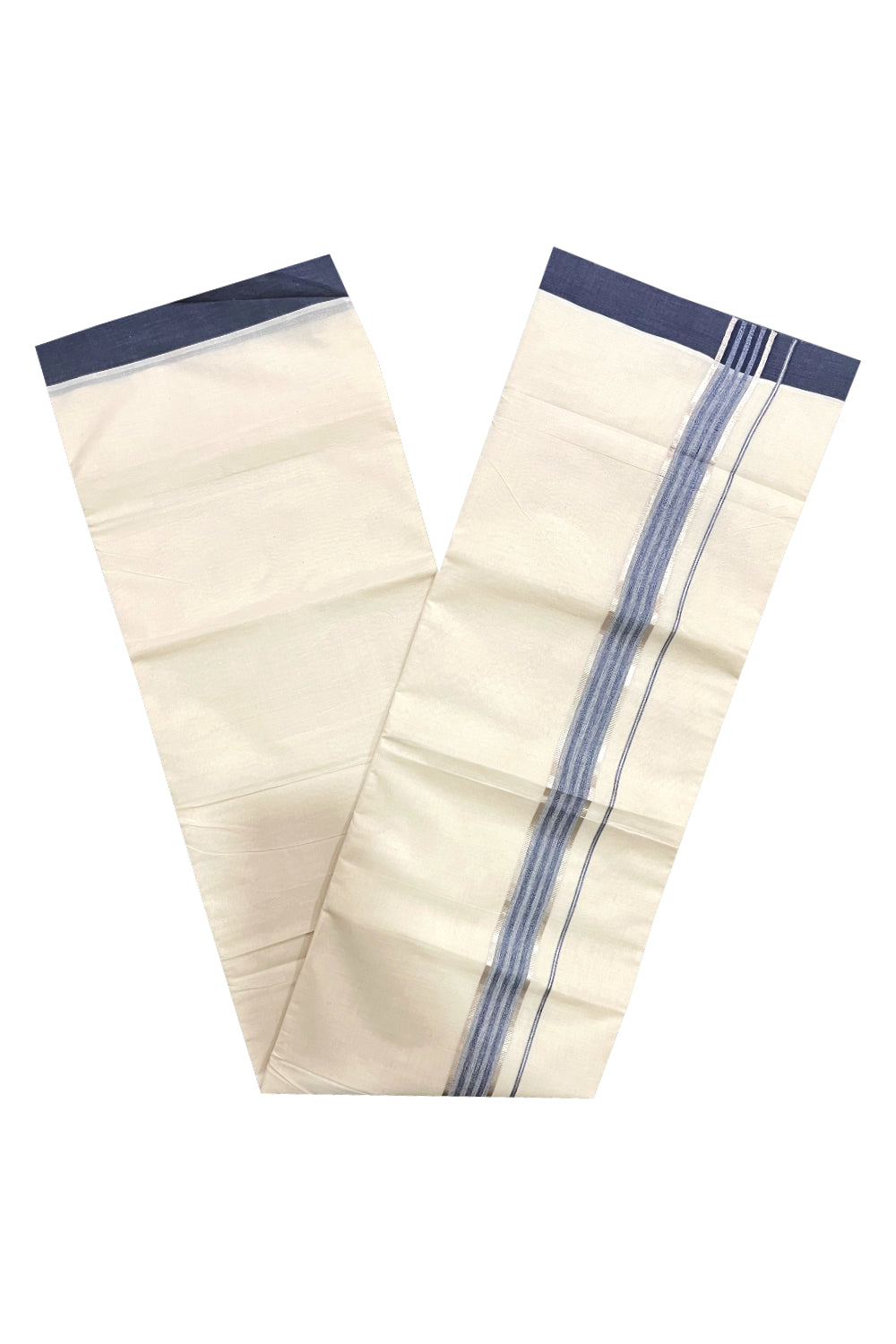 Pure Cotton Off White Double Mundu with Silver Kasavu and Blue Border (South Indian Dhoti)