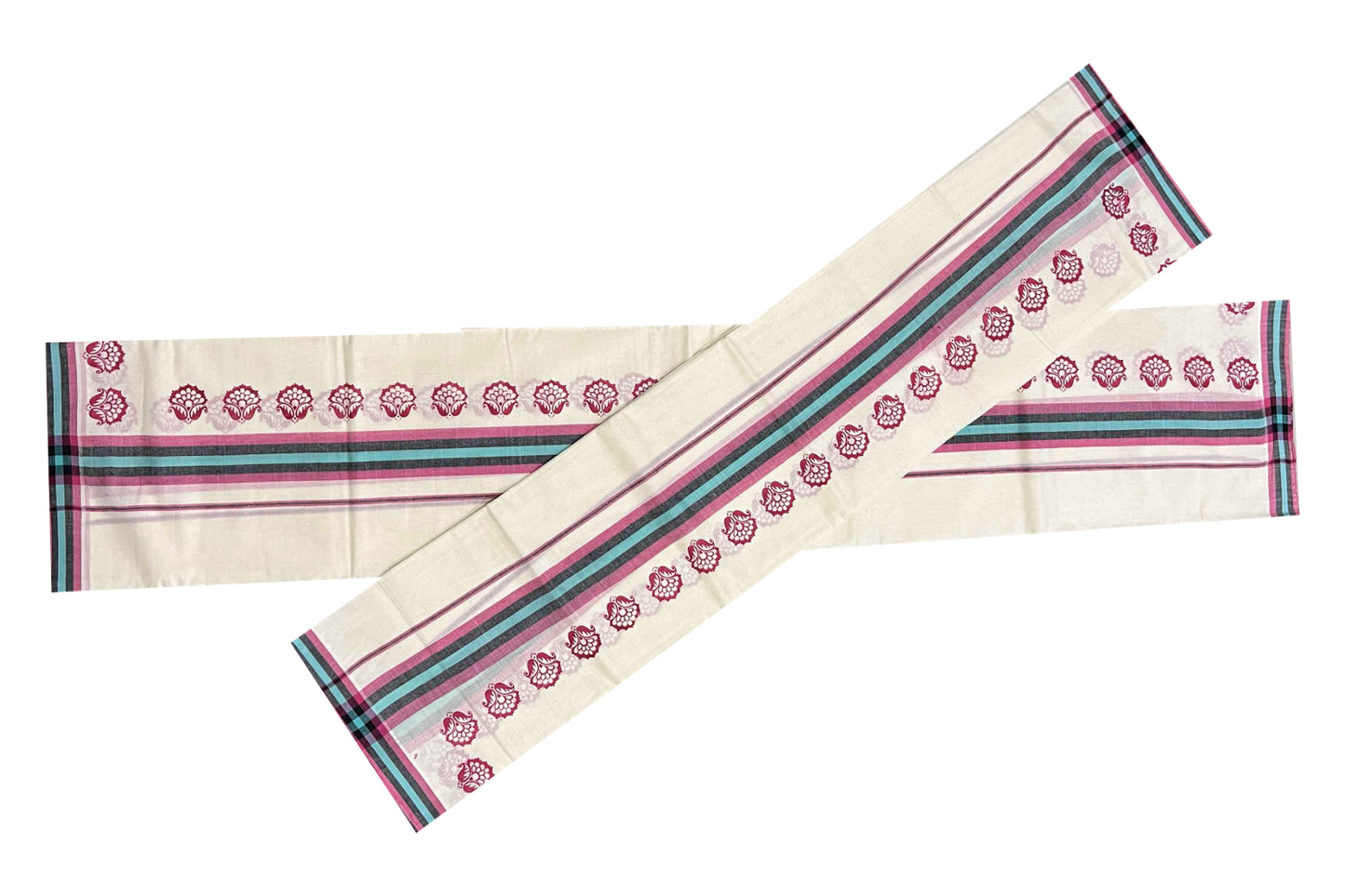 Kerala Cotton Mulloth Mundum Neriyathum Single (Set Mundu) with Pink Floral Block Print Border (Extra Soft Cotton)