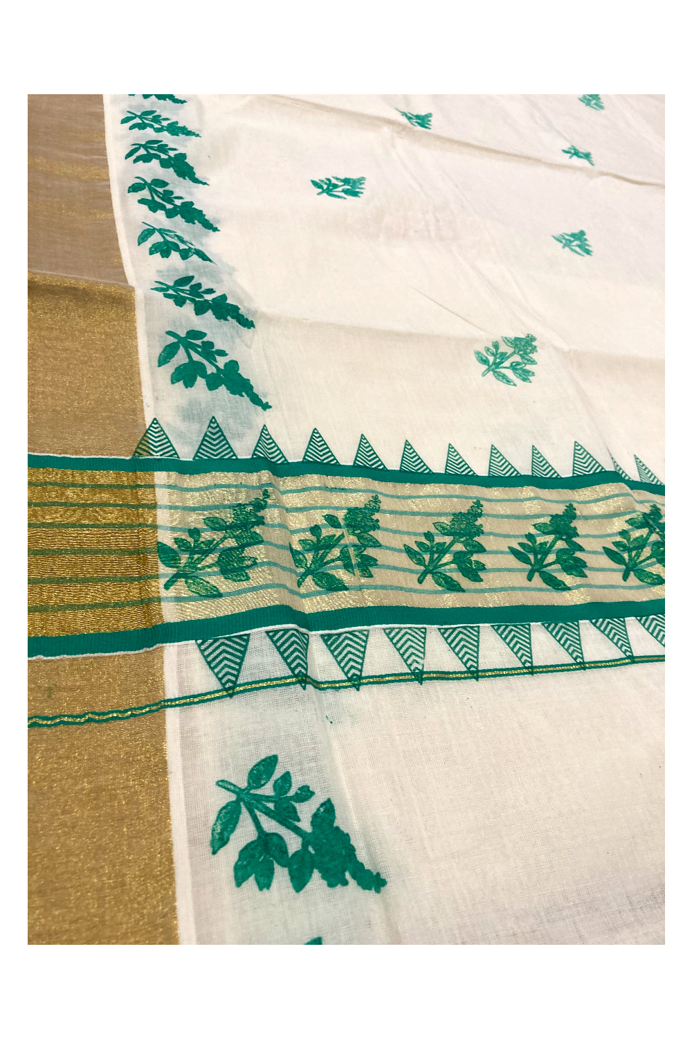 Pure Cotton Kerala Kasavu Saree with Turquoise Block Printed Design