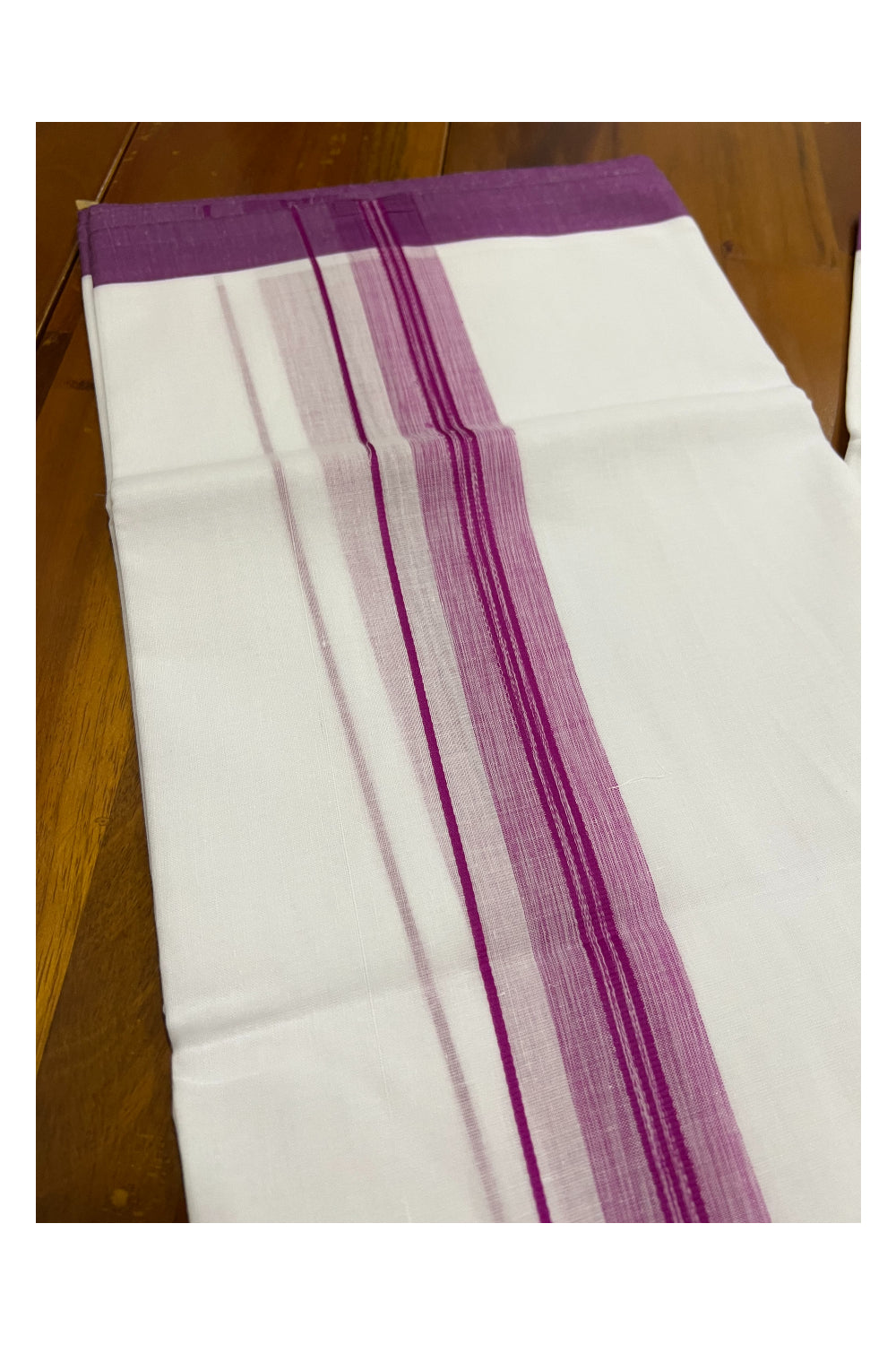 Pure White Kerala Cotton Double Mundu with Magenta Border (South Indian Dhoti)