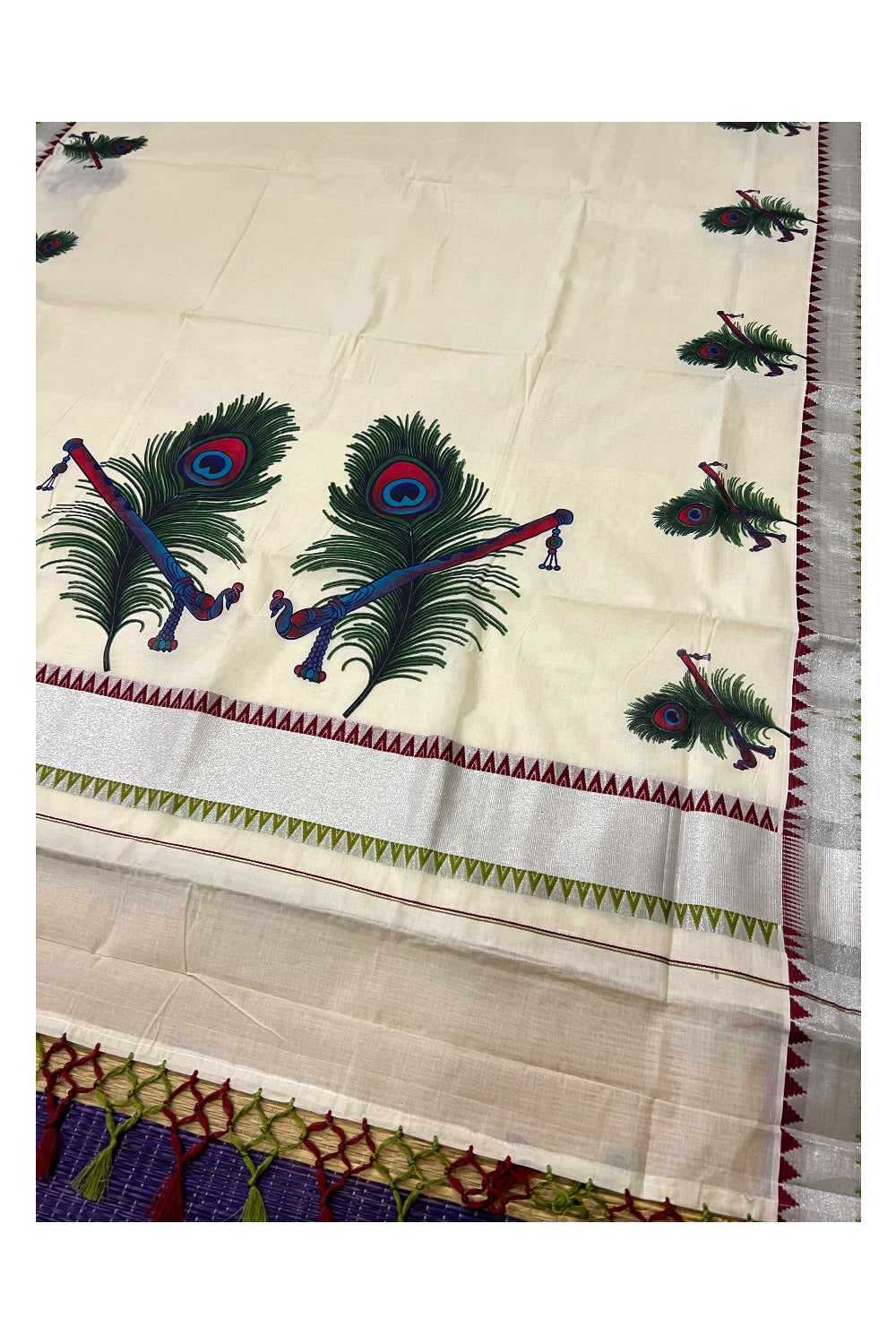 Kerala Pure Cotton Saree with Mural Printed Feather Flute Design and Maroon Light Green Temple Border