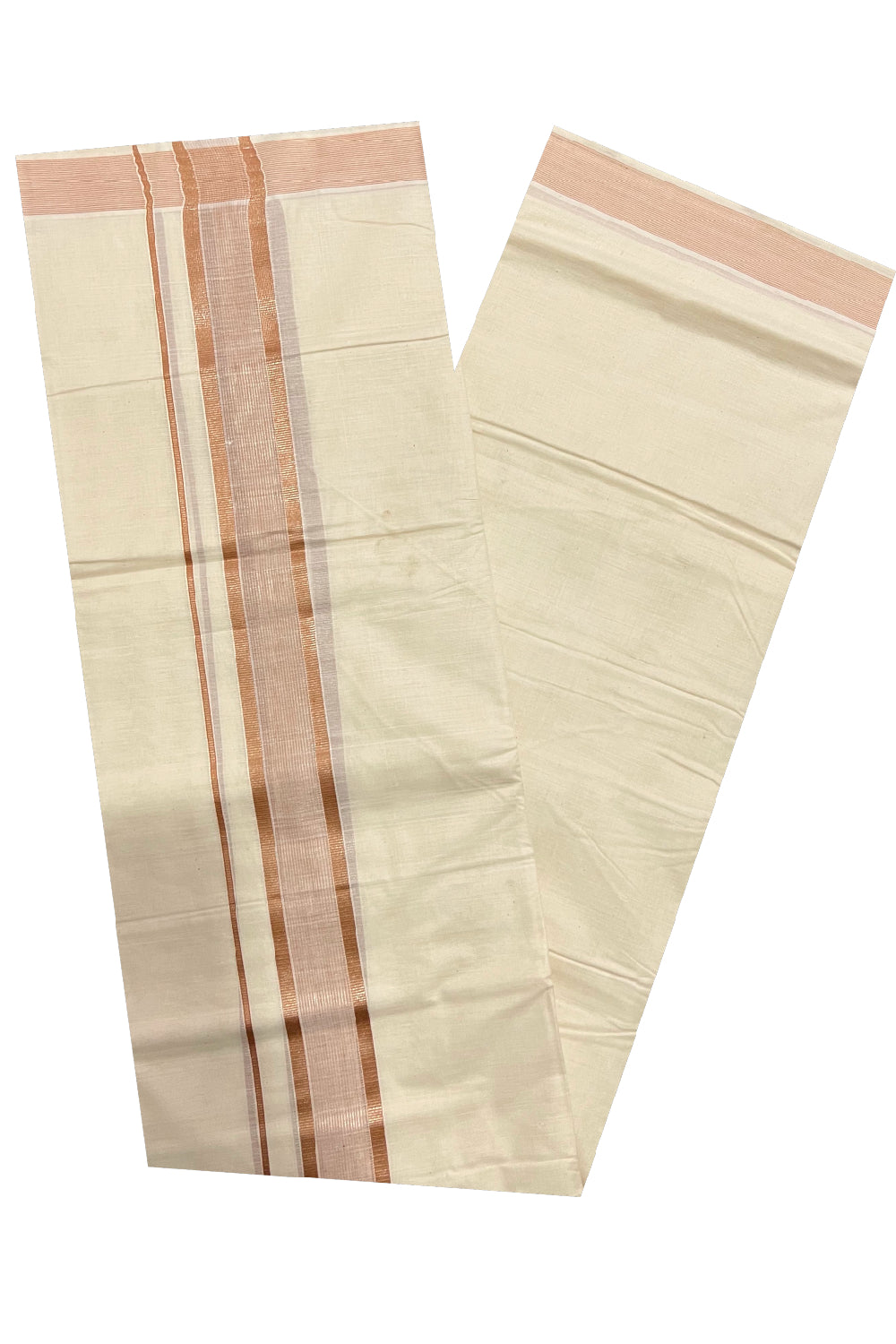 Pure Cotton Off White Double Mundu with Light Orange and Silver Kasavu Border (South Indian Dhoti)