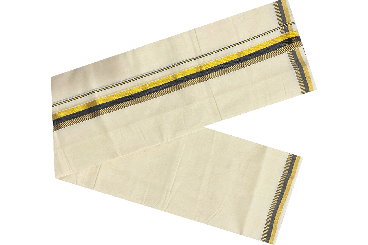 Southloom Kuthampully Handloom Pure Cotton Mundu with Golden and Black Kasavu Border (South Indian Dhoti)