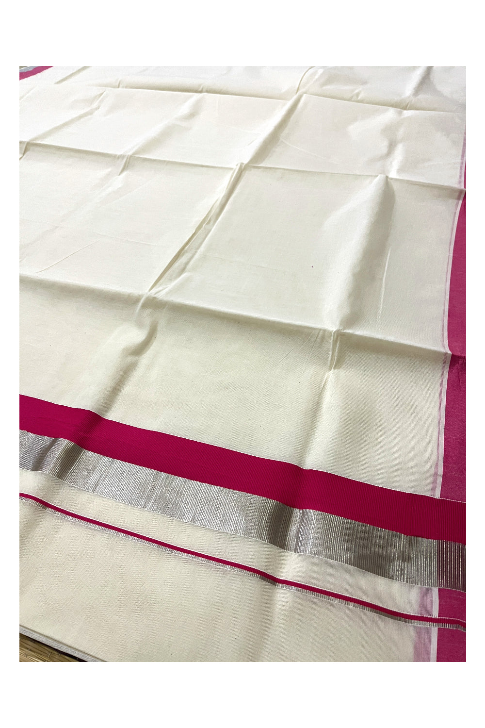 Kerala Pure Cotton Plain Saree with Silver Kasavu and Rose Border