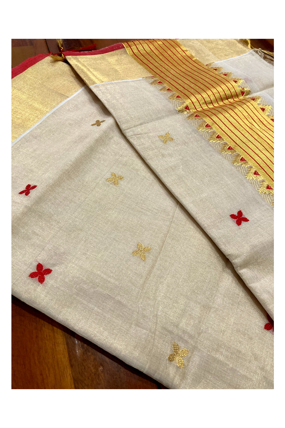 Southloom™ Premium Handloom Tissue Kasavu Saree with Golden and Red Floral Work