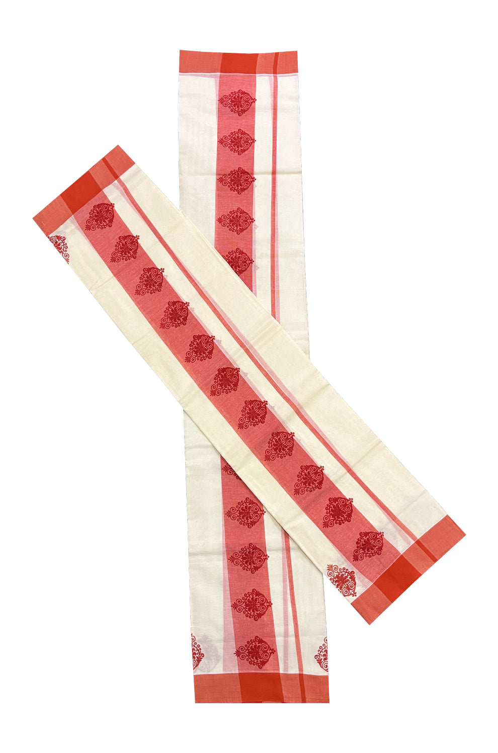 Kerala Cotton Set Mundu (Mundum Neriyathum) with Red Block Prints on Border